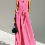ElevenOra Stylish Elegant Pink Lapel Collar Zipper-Up Sleeveless Loose Belted Waist  Ribbed Knit Maxi Dress