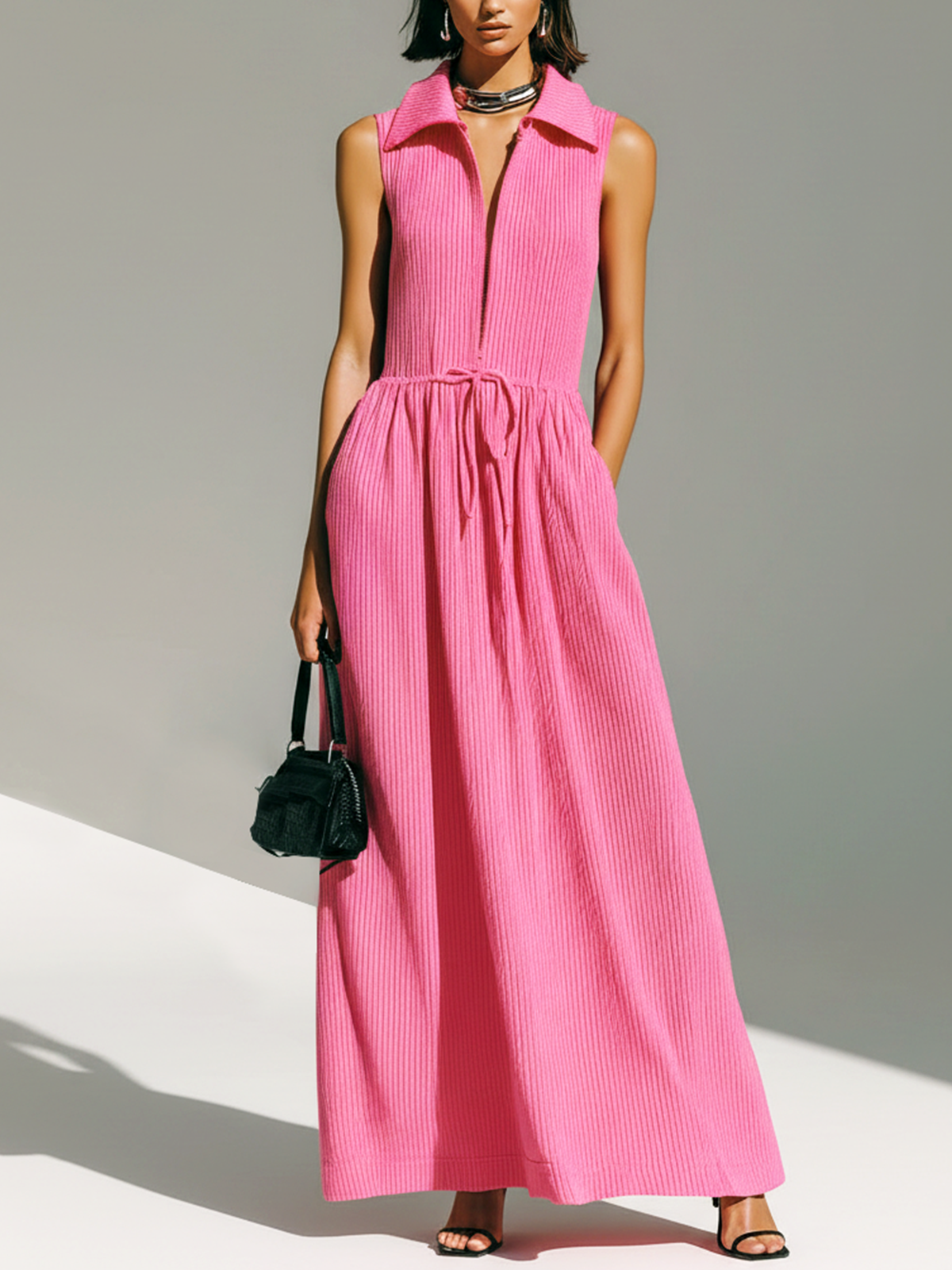 ElevenOra Stylish Elegant Pink Lapel Collar Zipper-Up Sleeveless Loose Belted Waist  Ribbed Knit Maxi Dress