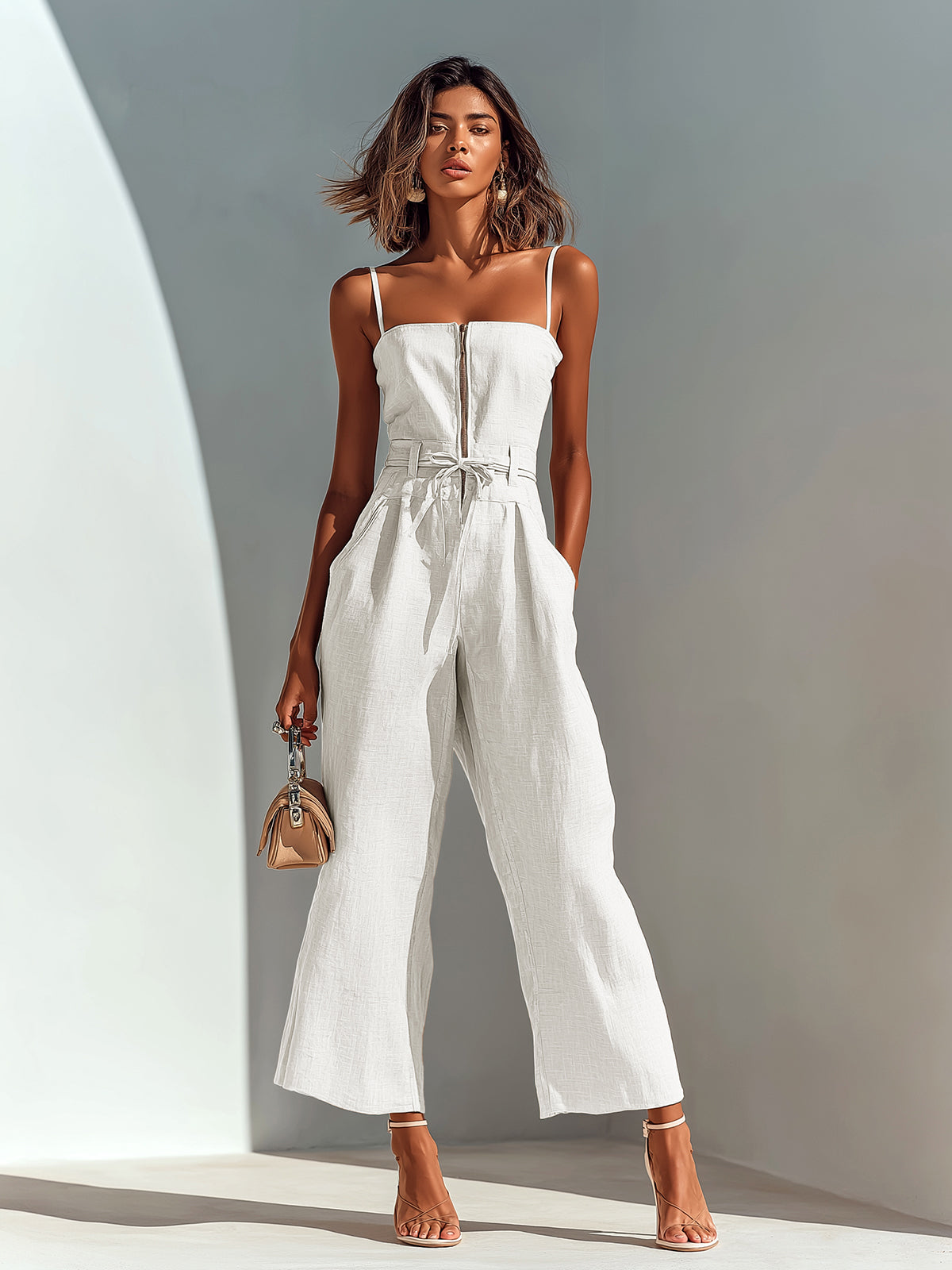 ElevenOra Chic Casual Camel Cotton-Linen Blend Strappy Sleeveless Zipper-Front Tie-Waist Wide-Leg Cropped Jumpsuit