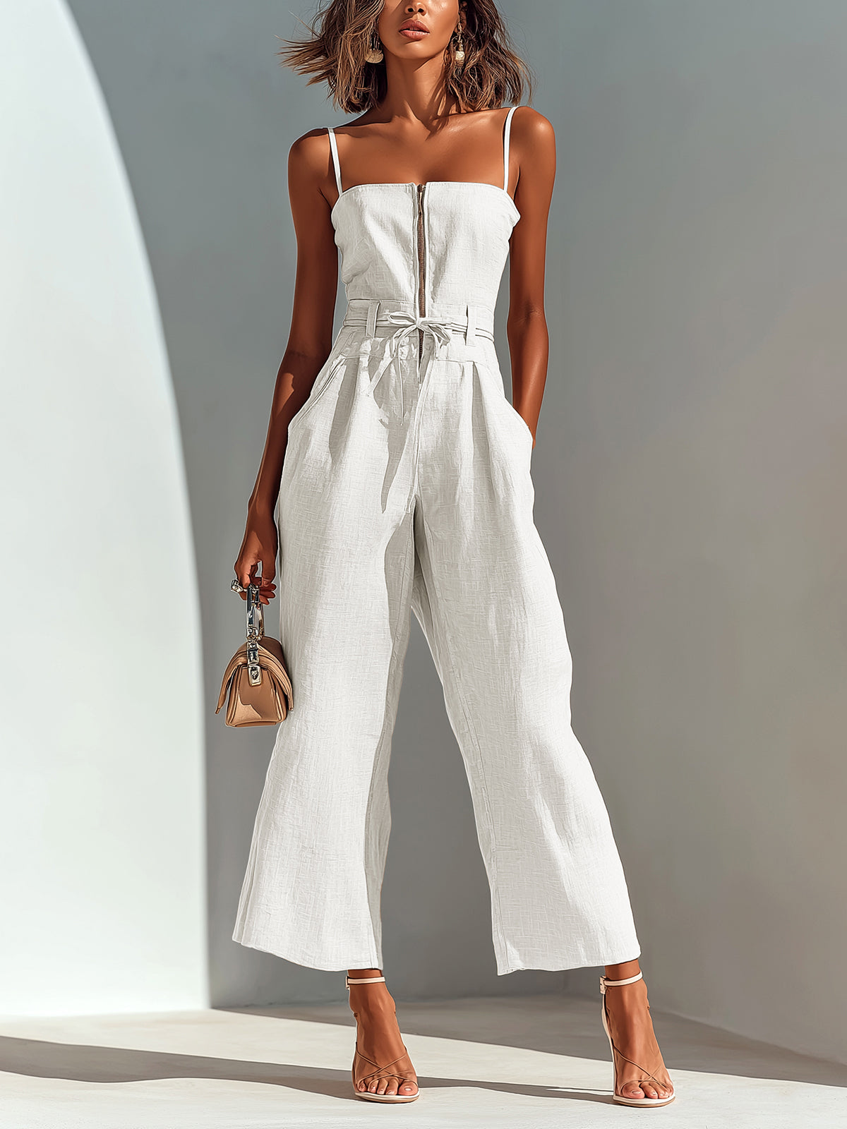 ElevenOra Chic Casual Camel Cotton-Linen Blend Strappy Sleeveless Zipper-Front Tie-Waist Wide-Leg Cropped Jumpsuit