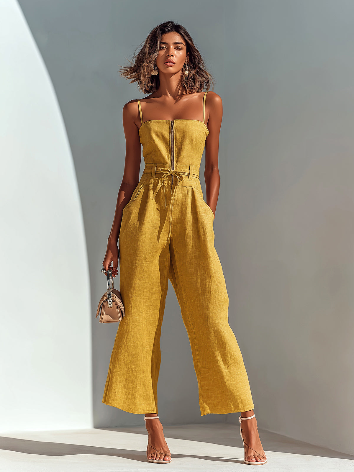 ElevenOra Chic Casual Camel Cotton-Linen Blend Strappy Sleeveless Zipper-Front Tie-Waist Wide-Leg Cropped Jumpsuit