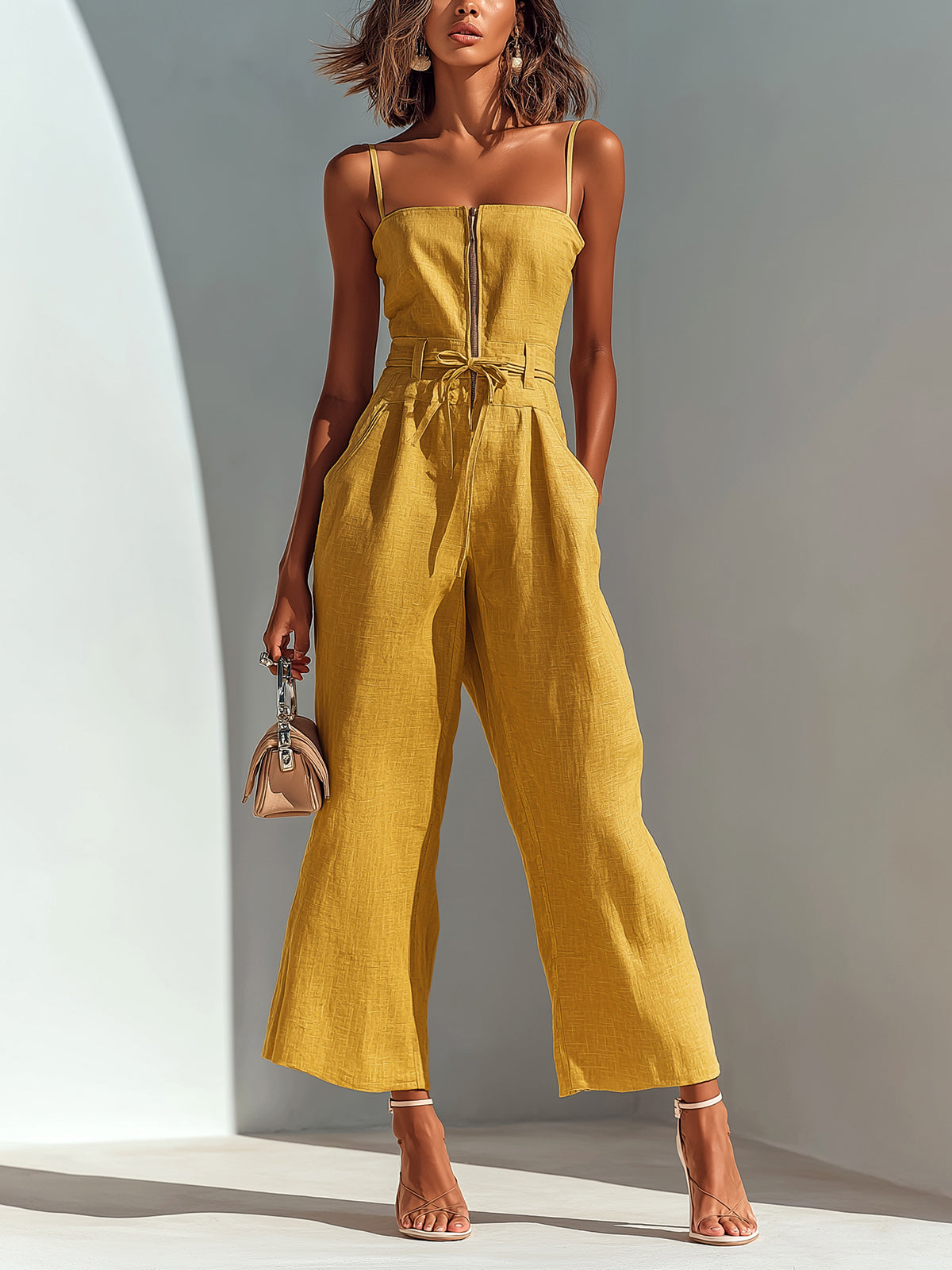 ElevenOra Chic Casual Camel Cotton-Linen Blend Strappy Sleeveless Zipper-Front Tie-Waist Wide-Leg Cropped Jumpsuit