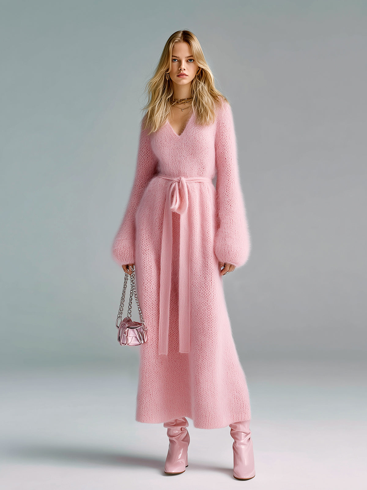ElevenOra Chic Elegant Pink V-Neck Long Lantern Sleeve Loose Tie-Waist Fuzzy Mohair Knit Maxi Dress