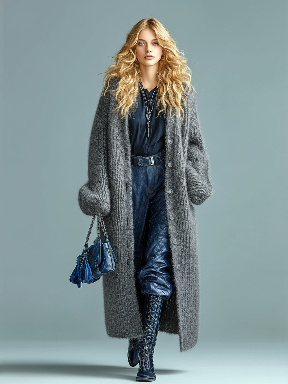 ElevenOra Casual Chic Navy Blue Single-breasted Oversized Longline Fuzzy Knit Cardigan