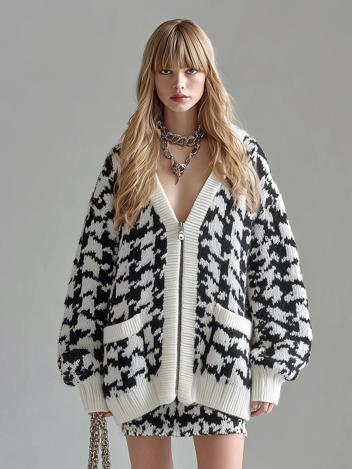 ElevenOra Casual Chic Contrast Houndstooth V-neck Single-breasted Oversized Long Sleeve Knit Cardigan