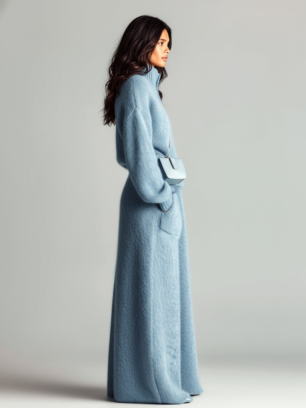 ElevenOra Chic Elegant Blue Stand Collar V Neck Long Sleeve Loose Sweater Patch Pocket Maxi Skirt Fuzzy Knit Two-Piece Set