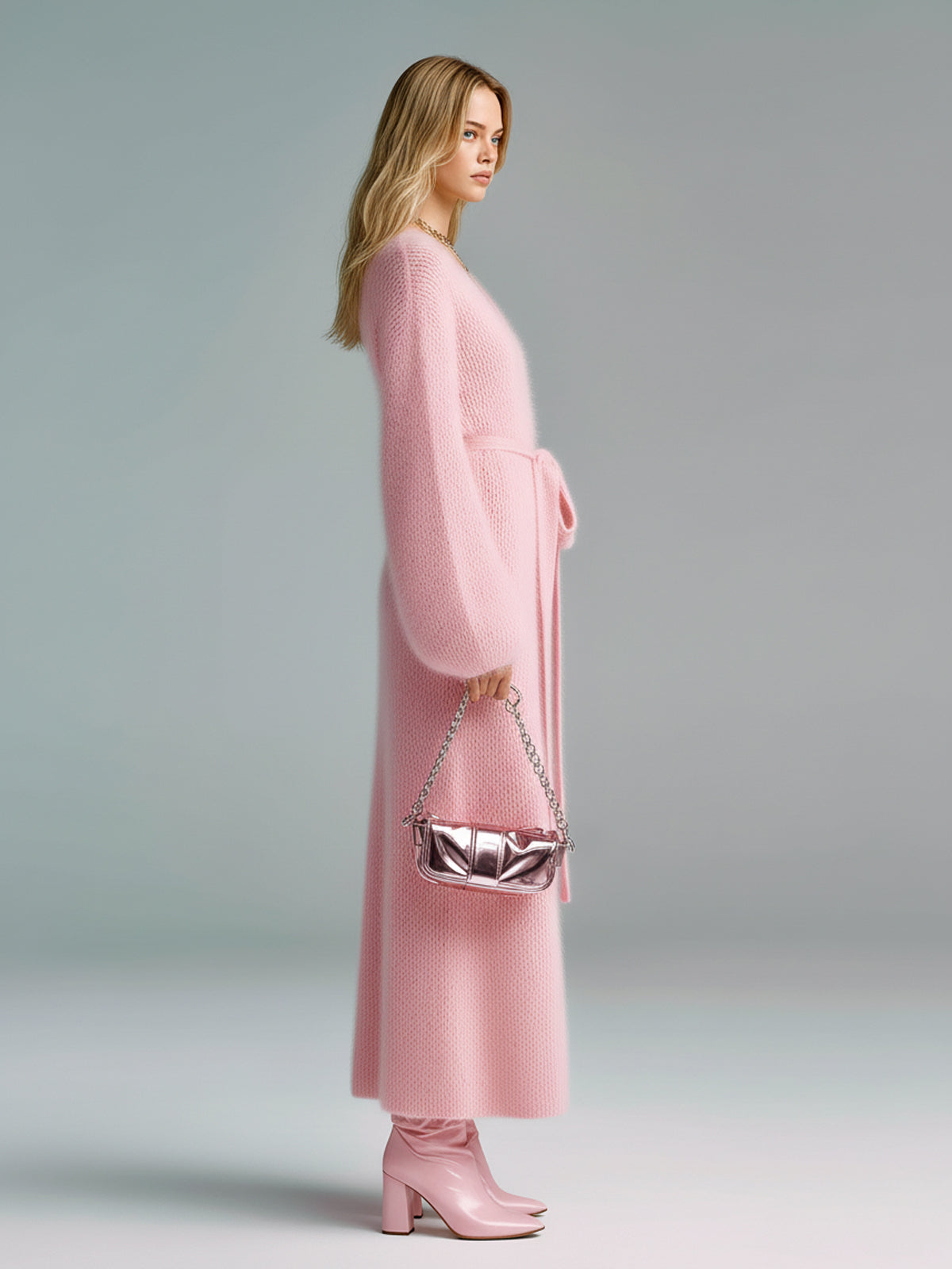 ElevenOra Chic Elegant Pink V-Neck Long Lantern Sleeve Loose Tie-Waist Fuzzy Mohair Knit Maxi Dress