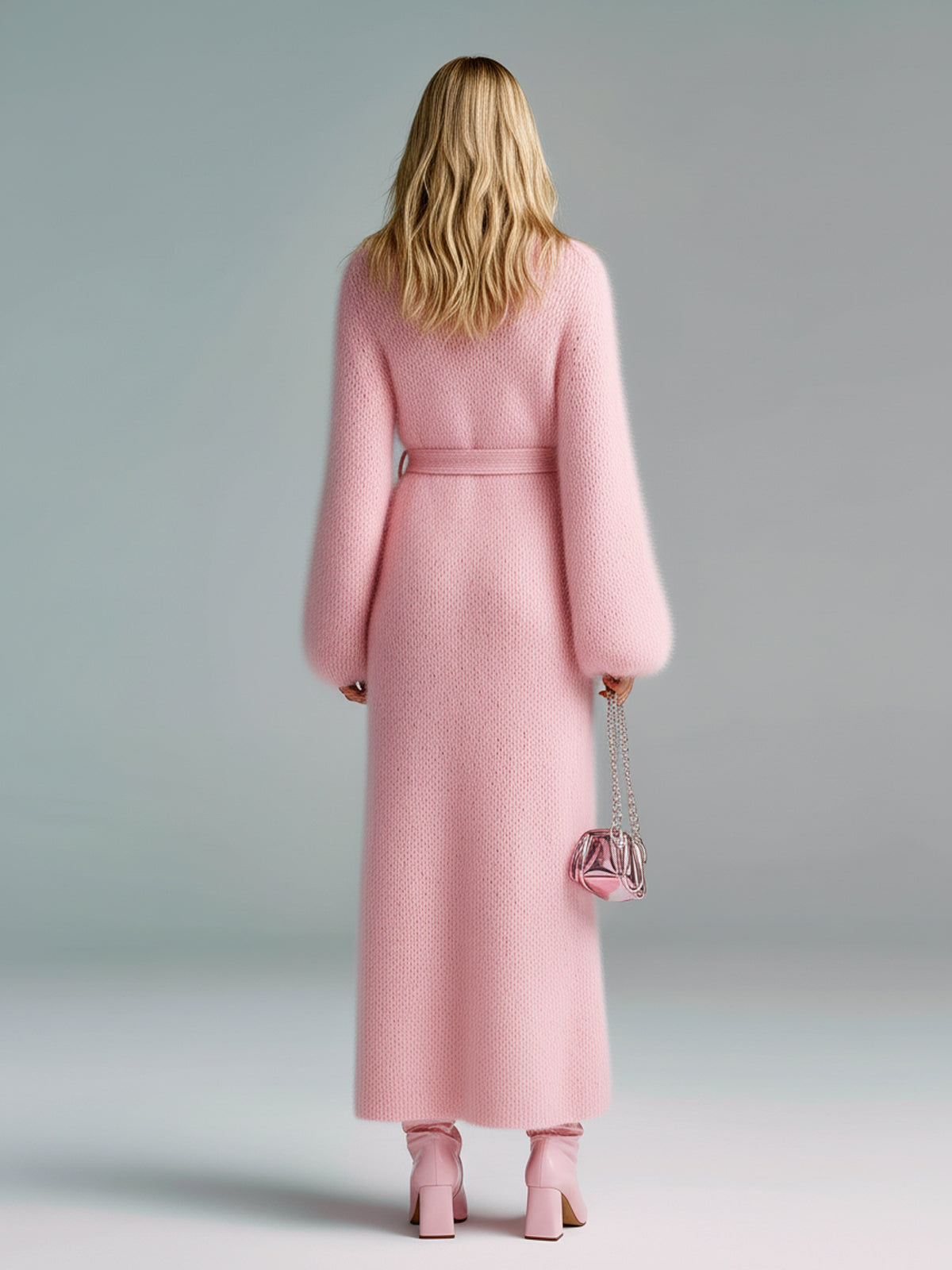 ElevenOra Chic Elegant Pink V-Neck Long Lantern Sleeve Loose Tie-Waist Fuzzy Mohair Knit Maxi Dress