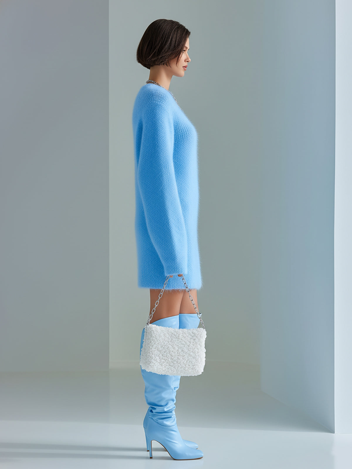 ElevenOra Chic Casual Blue Round Neck Long Sleeve Zipper-Front Side Slit Oversized Fuzzy Knit Mini Dress