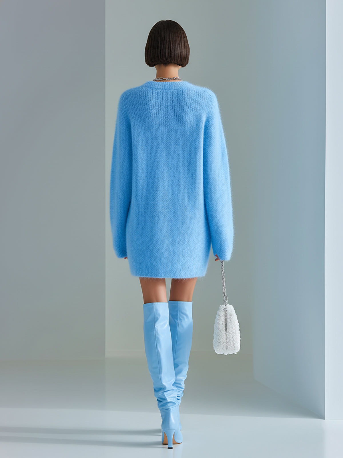 ElevenOra Chic Casual Blue Round Neck Long Sleeve Zipper-Front Side Slit Oversized Fuzzy Knit Mini Dress
