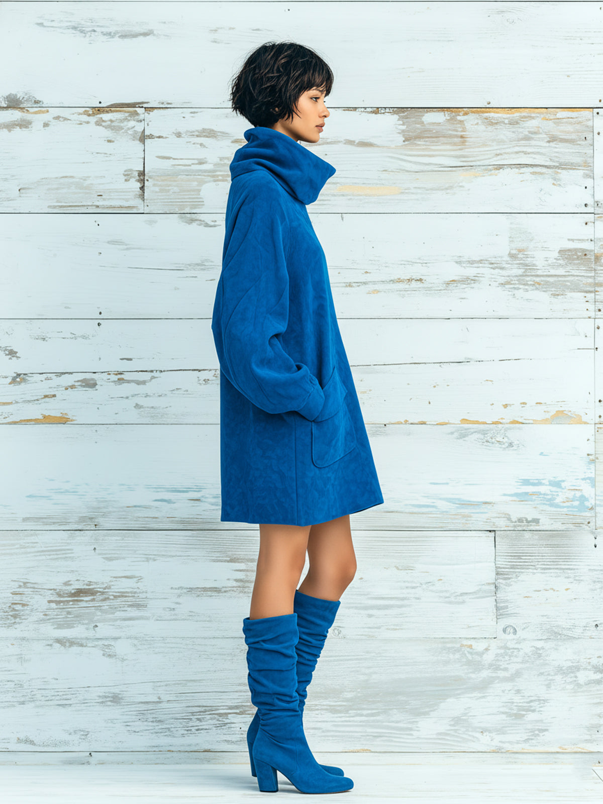 ElevenOra Chic Elegant Royal Blue Faux Suede Oversized Turtleneck Long Lantern Sleeve Patch Pocket Mini Dress