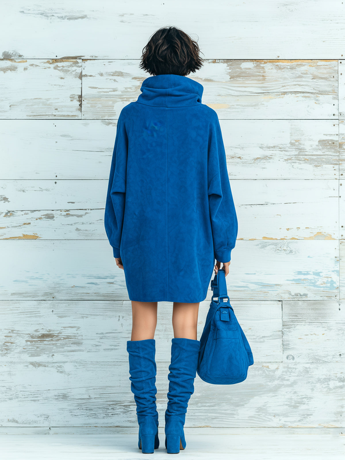 ElevenOra Chic Elegant Royal Blue Faux Suede Oversized Turtleneck Long Lantern Sleeve Patch Pocket Mini Dress