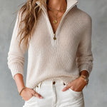 ElevenOra Chic Elegant Beige Half-Zipper Collar Long-Sleeve Loose-Fit Breathable Knit Sweater Top