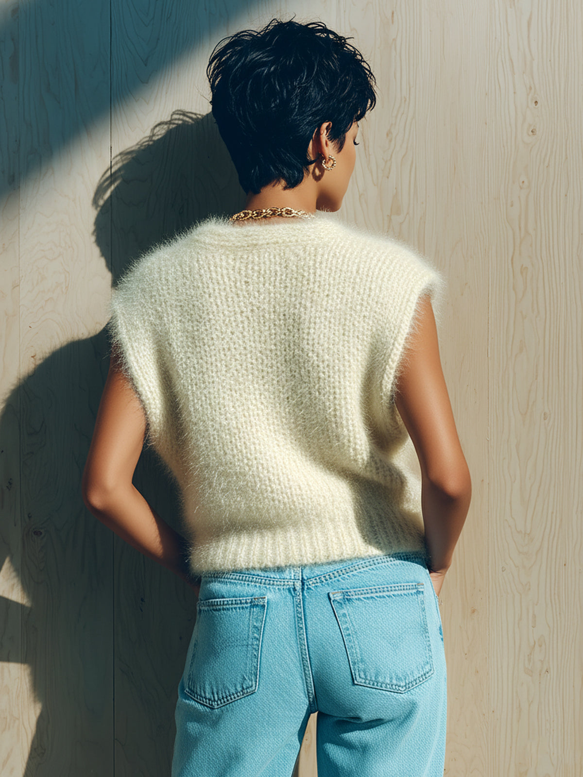 ElevenOra Chic Elegant Cream White V-Neck Sleeveless Puffy Shoulder Fuzzy Knit Tank Top