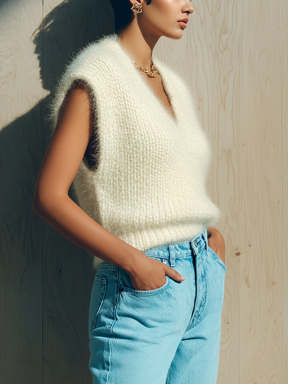 ElevenOra Chic Elegant Cream White V-Neck Sleeveless Puffy Shoulder Fuzzy Knit Tank Top