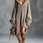 ElevenOra Chic Elegant Brown Hooded-Collar Dropped Shoulder Long-Sleeve Asymmetrical Hem Raw Edge Detail Oversize Fuzzy Knit Midi Dress