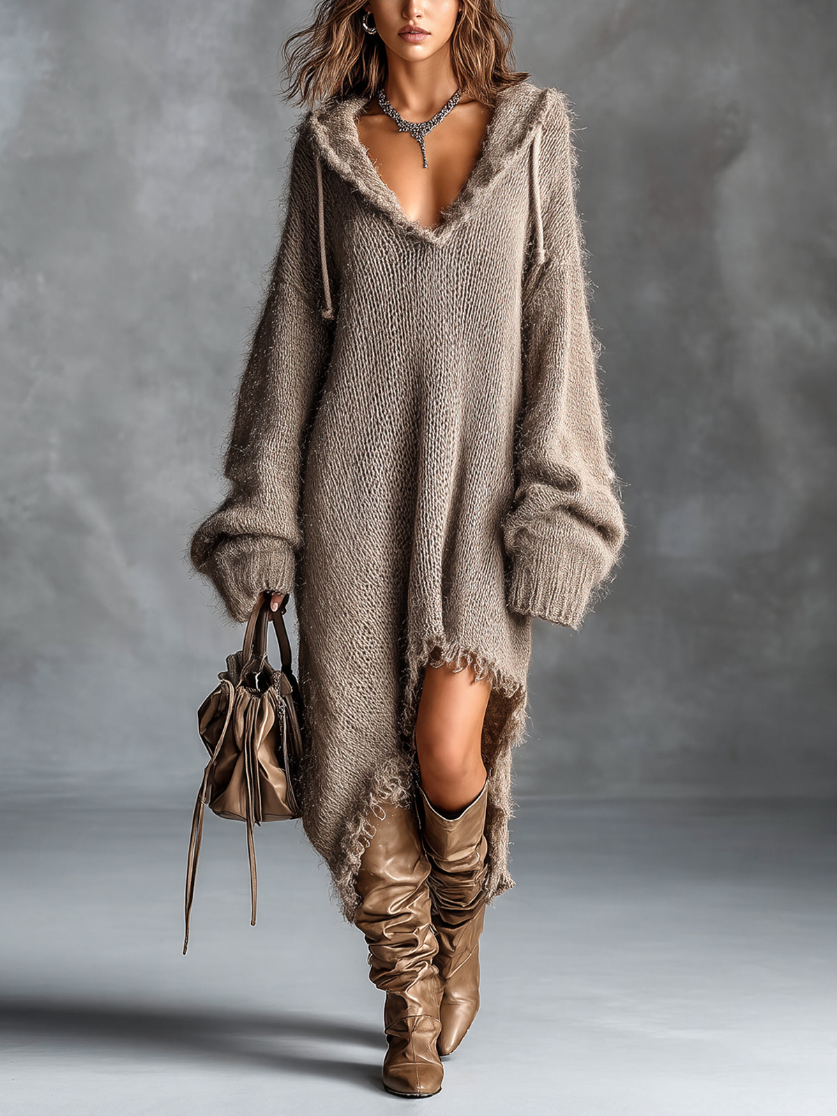 ElevenOra Chic Elegant Brown Hooded-Collar Dropped Shoulder Long-Sleeve Asymmetrical Hem Raw Edge Detail Oversize Fuzzy Knit Midi Dress