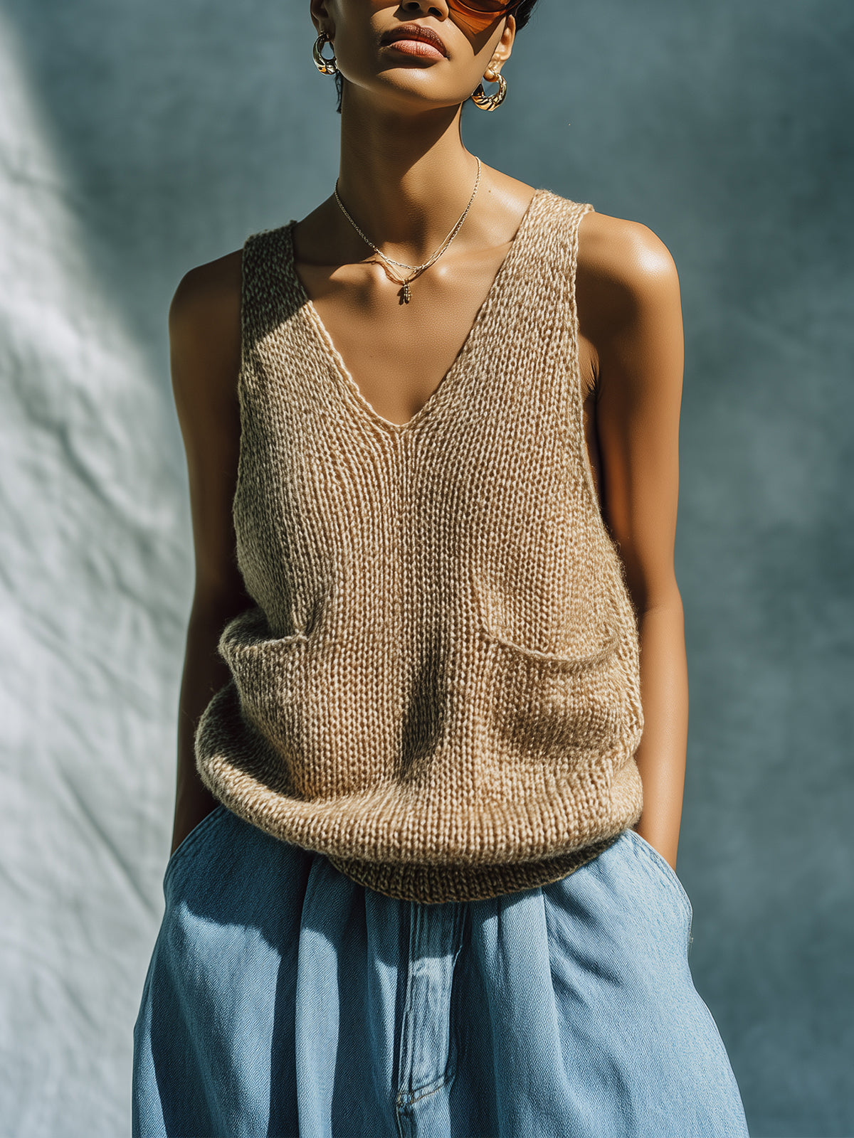 ElevenOra Chic Vintage Camel V-Neck Sleeveless Loose-Fit Patch Pocket Knit Tank Top