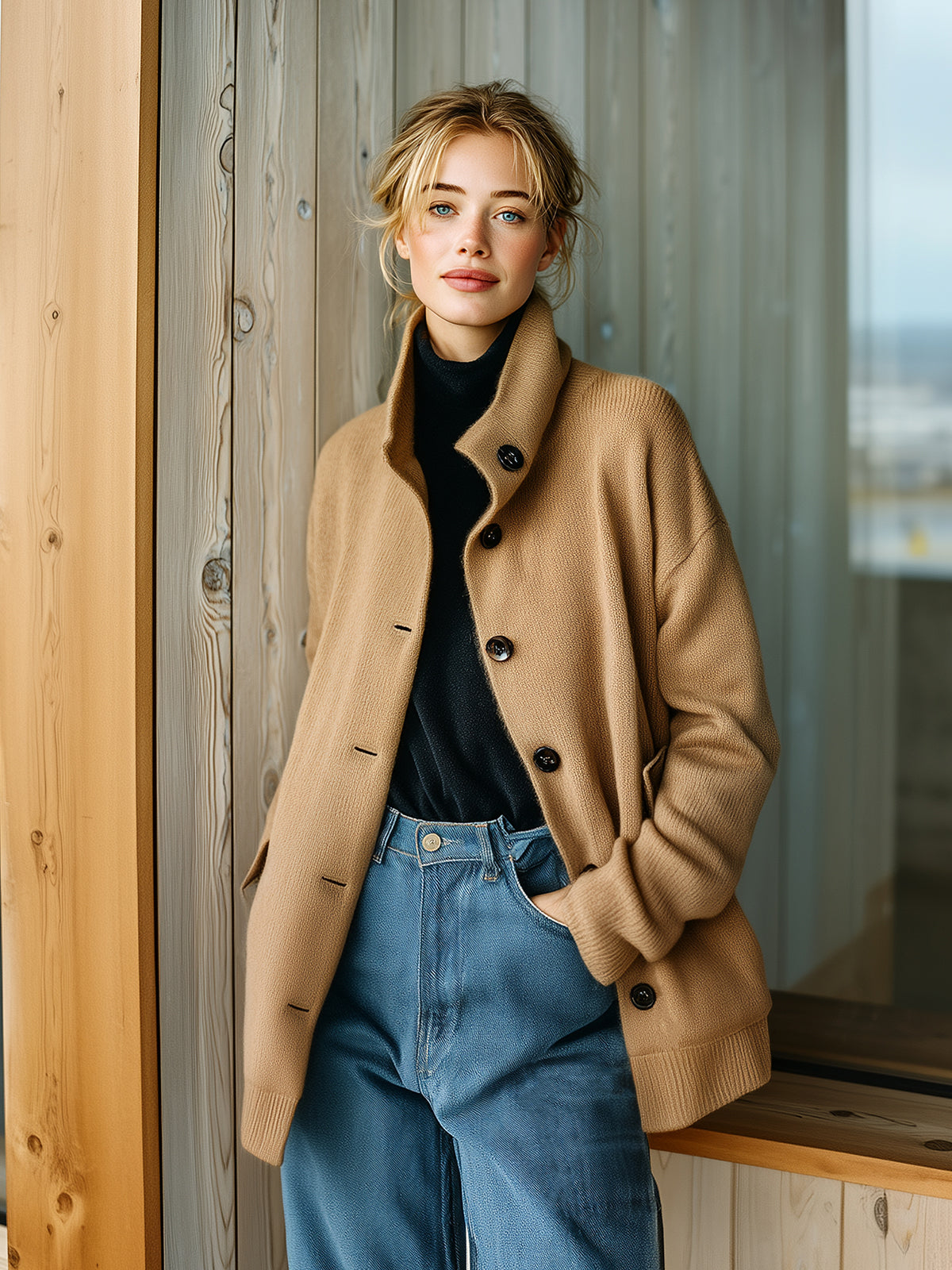 ElevenOra Chic Casual Camel Stand Collar Single-Breasted Long Sleeve Flap Pocket Oversized Knit Cardigan