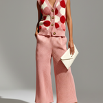 ElevenOra Stylish Elegant Pink Polka Dot Jacquard V-neck Button Slim-Fit Vest Wide-Leg Pants Knit Two-Piece Set