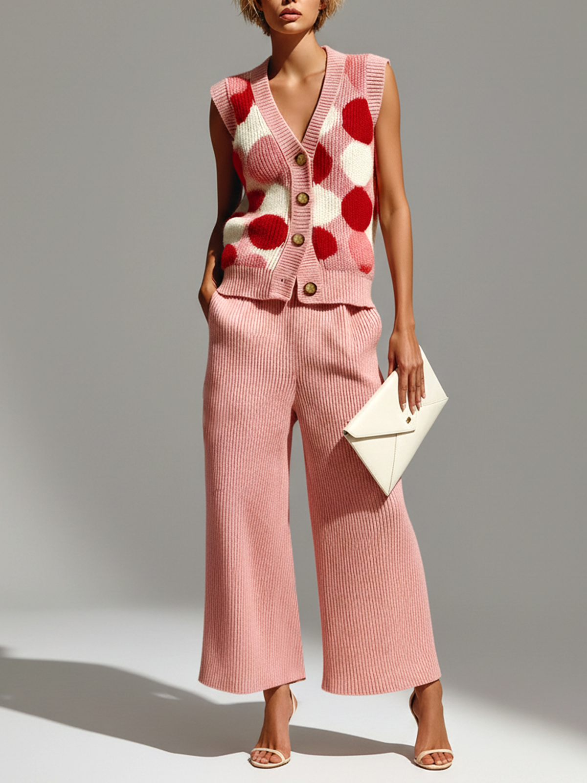 ElevenOra Stylish Elegant Pink Polka Dot Jacquard V-neck Button Slim-Fit Vest Wide-Leg Pants Knit Two-Piece Set