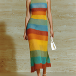 ElevenOra Chic Casual Colorful Striped Crew Neck Sleeveless Slim Fit  A-Line Ribbed Knit Maxi Dress