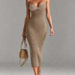 ElevenOra Chic Elegant Camel V-Neck Spaghetti Straps Sleeveless Lace Patch Slim-Fit Detail Ribbed Knit Bodycon Midi Dress