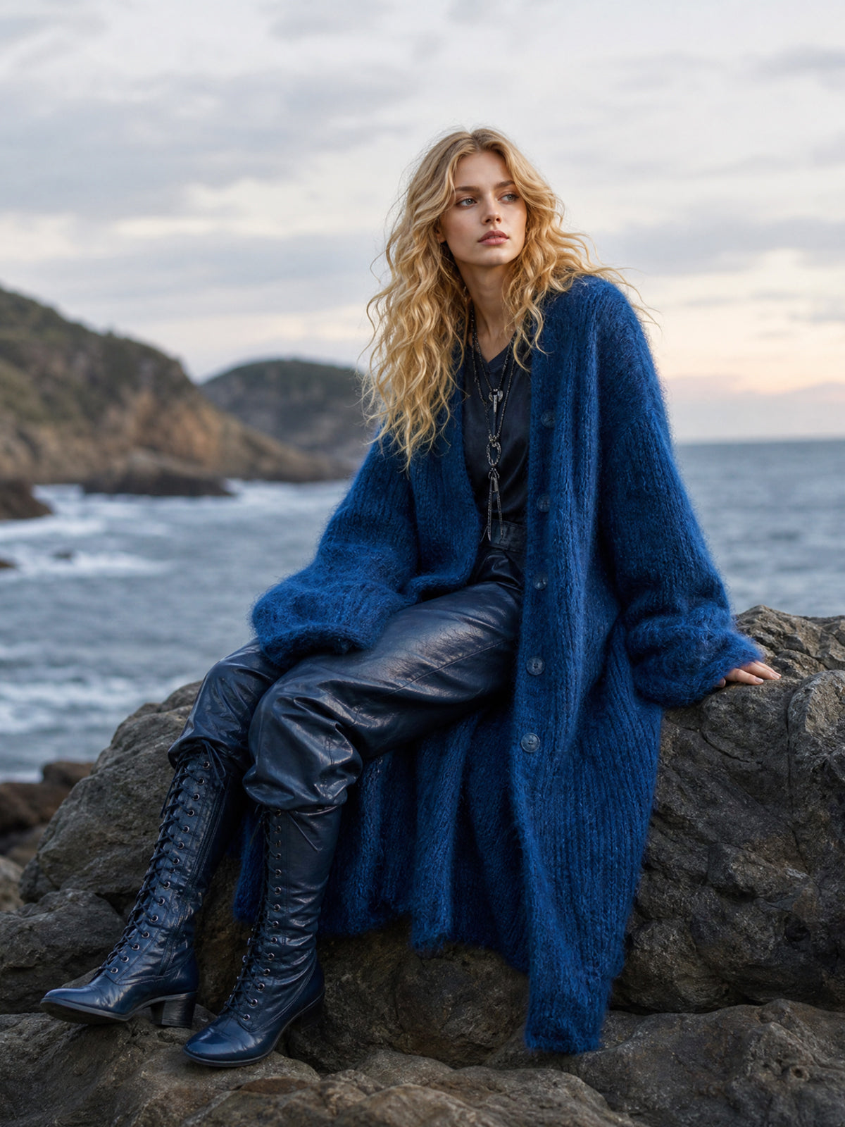 ElevenOra Casual Chic Navy Blue Single-breasted Oversized Longline Fuzzy Knit Cardigan