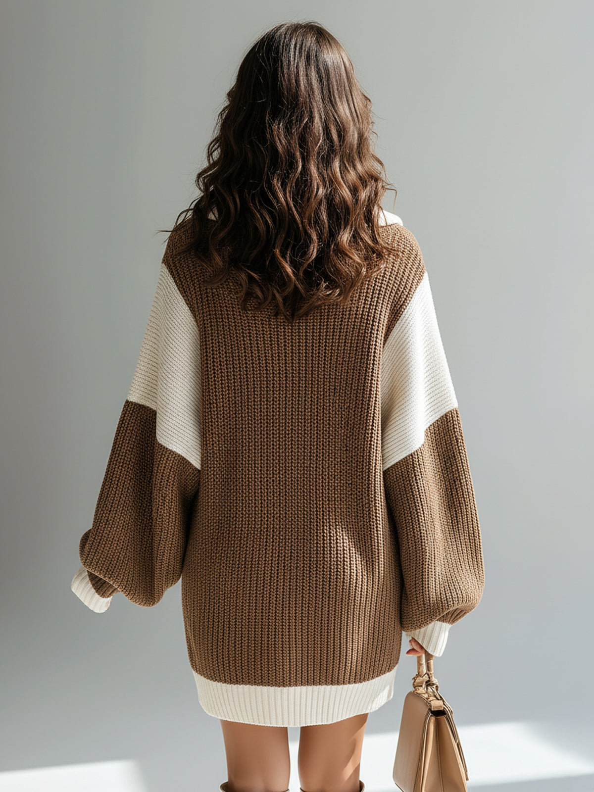 ElevenOra Chic Elegant Zip-Up Lapel Collar Oversized Long Sleeve Colorblock Knit Mini Dress