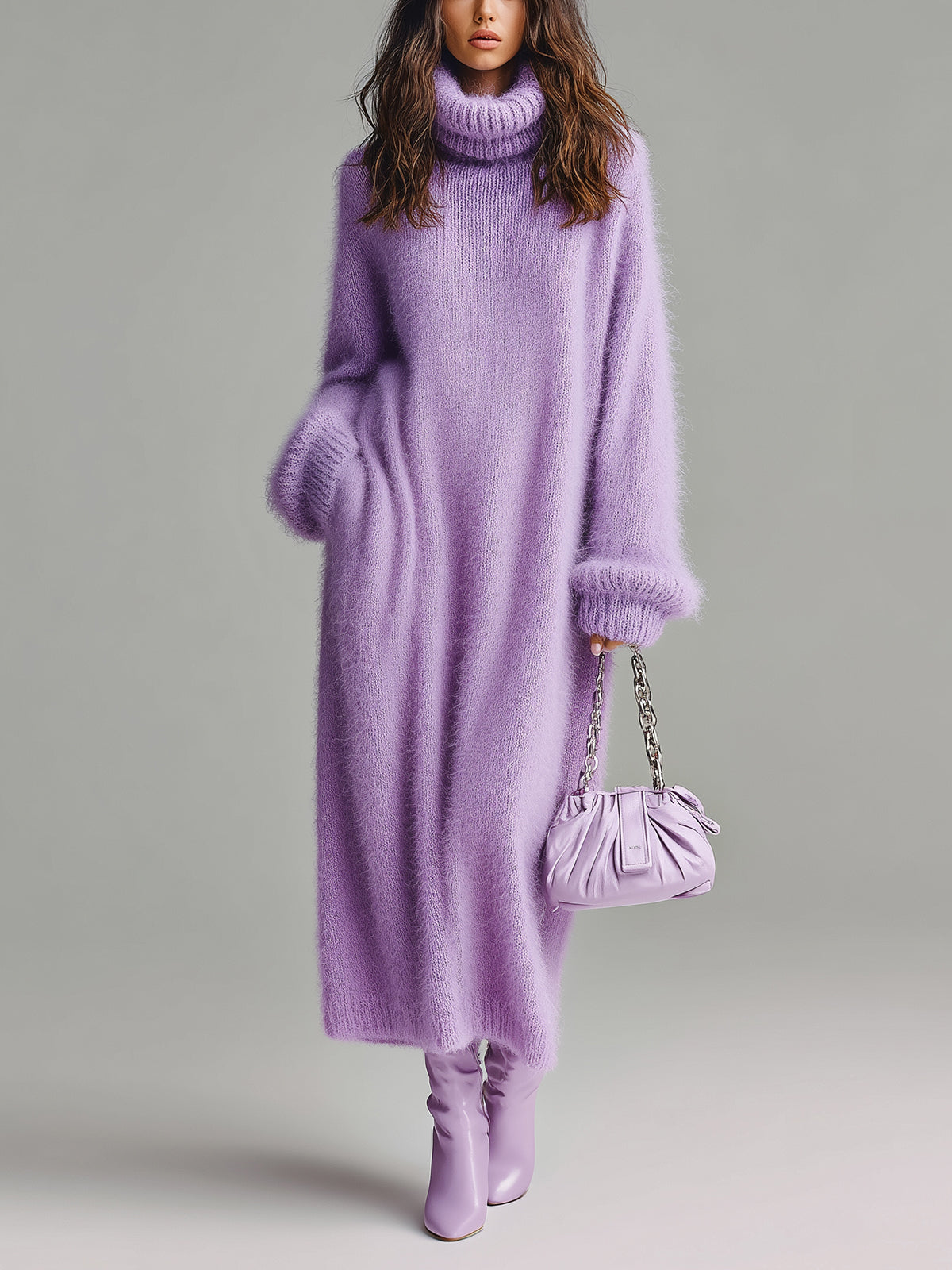 ElevenOra Chic Vintage Lavender Oversized Turtleneck Long Lantern Sleeve Warm Fuzzy Knit Maxi Dress
