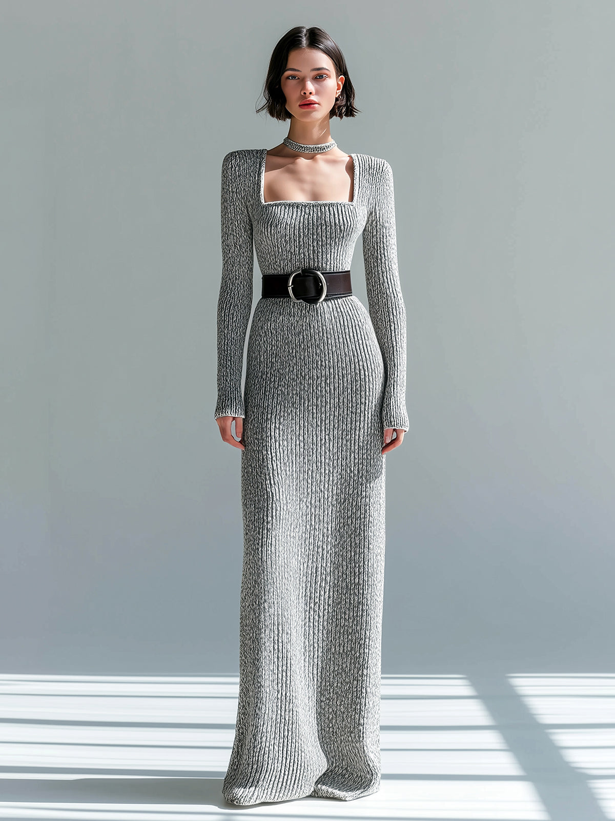 ElevenOra Retro Elegant Heathered Gray Square Neck Belted Long-Sleeve Ribbed Knit Bodycon Maxi Dress