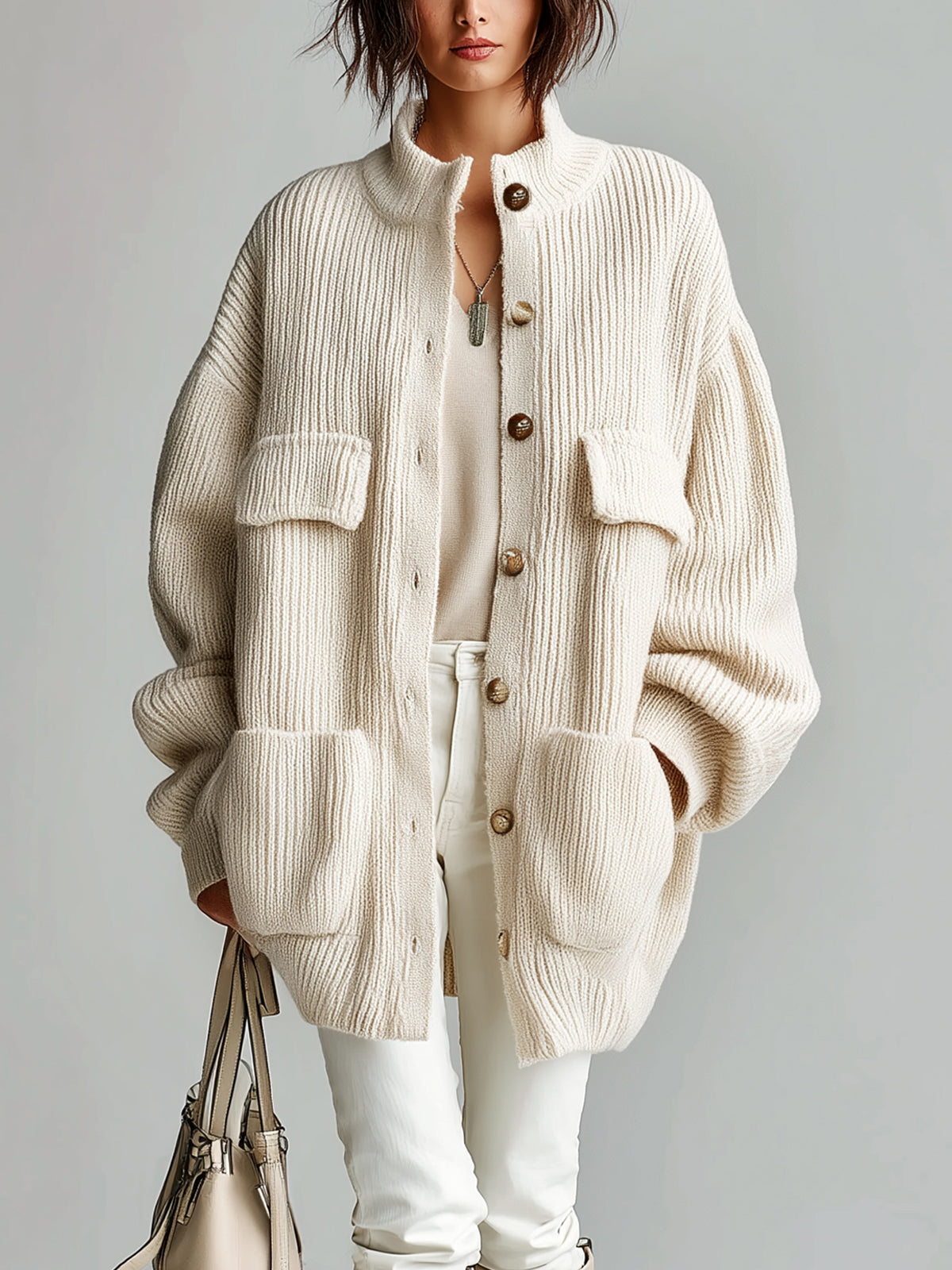 ElevenOra Chic Vintage Cream White Stand Collar Utility Pocket Single-Breasted Oversized Ribbed Knit Cardigan
