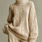 ElevenOra Chic Casual Beige Turtle Neck Oversized Long-Sleeve Warm Cable-Knit Sweater
