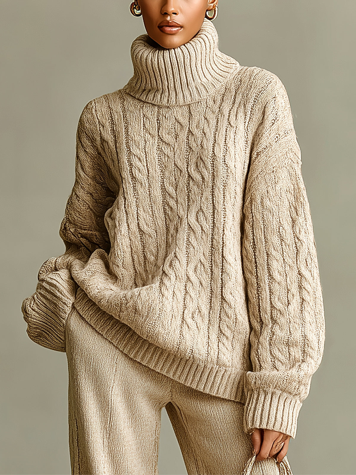 ElevenOra Chic Casual Beige Turtle Neck Oversized Long-Sleeve Warm Cable-Knit Sweater