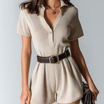 ElevenOra Chic Casual Beige Button-Up Lapel Collar Short-Sleeve Loose-Fit Belted Ribbed Knit Romper