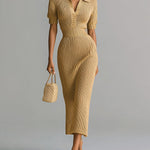 ElevenOra Chic Elegant Khaki Lapel Collar V-Neck Short-Sleeve Tailored Waist Ribbed Knit Midi Dress