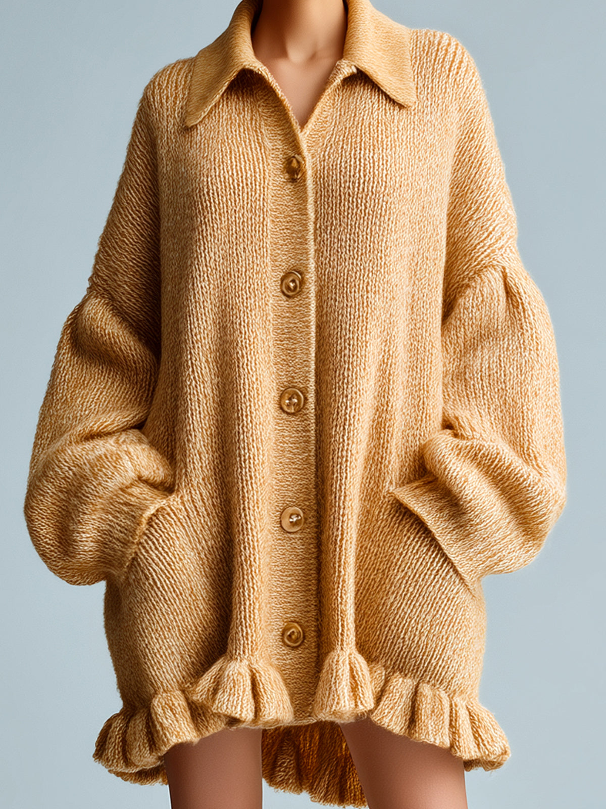 ElevenOra Chic Casual Camel Lapel Single-Breasted Lantern Sleeve Ruffled Hem Slouchy Knit Cardigan