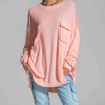 ElevenOra Chic Casual Pink Crew Neck Loose Long Sleeved Patch Pocket Knit Pullover Sweater