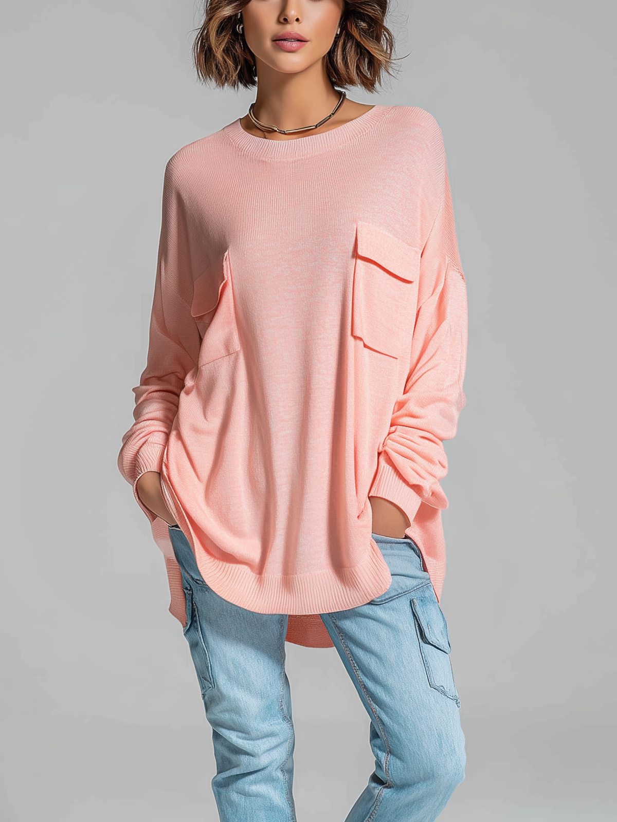 ElevenOra Chic Casual Pink Crew Neck Loose Long Sleeved Patch Pocket Knit Pullover Sweater