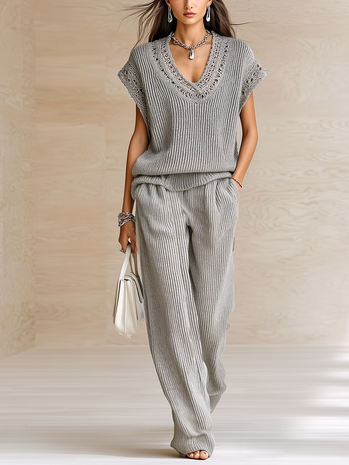 ElevenOraChic Elegant Gray Hollow-Out V-Neck Sleeveless Loose Vest  Wide-Leg Pants Knit Two-Piece Set