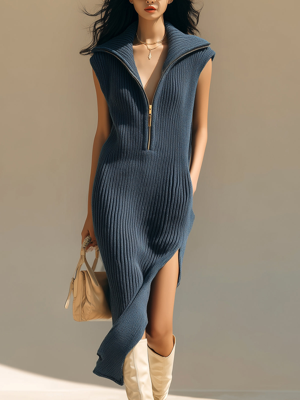 ElevenOra Chic Casual Dark Blue Zip-Up Lapel Sleeveless Side Slit Loose Ribbed Knit Midi Dress