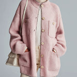 ElevenOra Chic Elegant Light Pink Stand Collar Contrast Trim Long Sleeve Single-Breasted Loose-Fit Multi-Patch Pocket Knit Cardigan