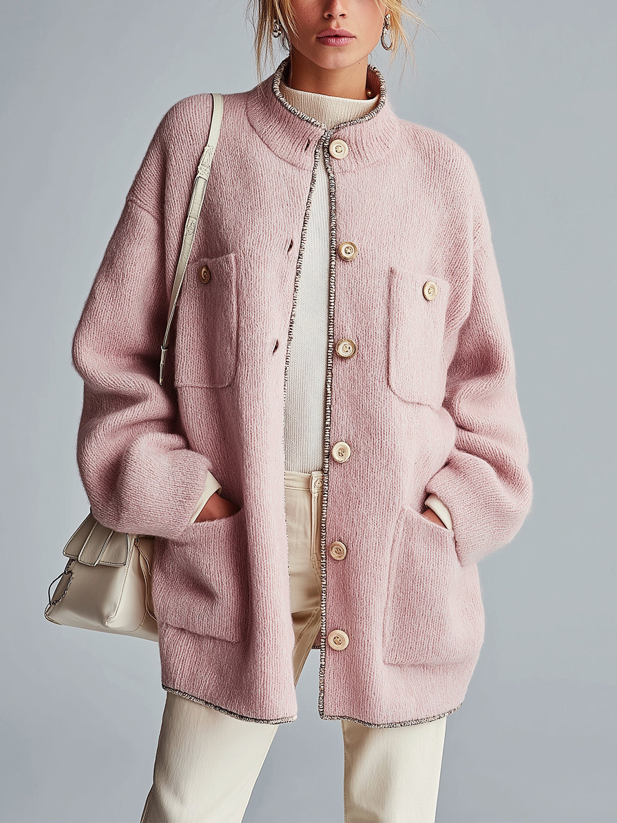 ElevenOra Chic Elegant Light Pink Stand Collar Contrast Trim Long Sleeve Single-Breasted Loose-Fit Multi-Patch Pocket Knit Cardigan