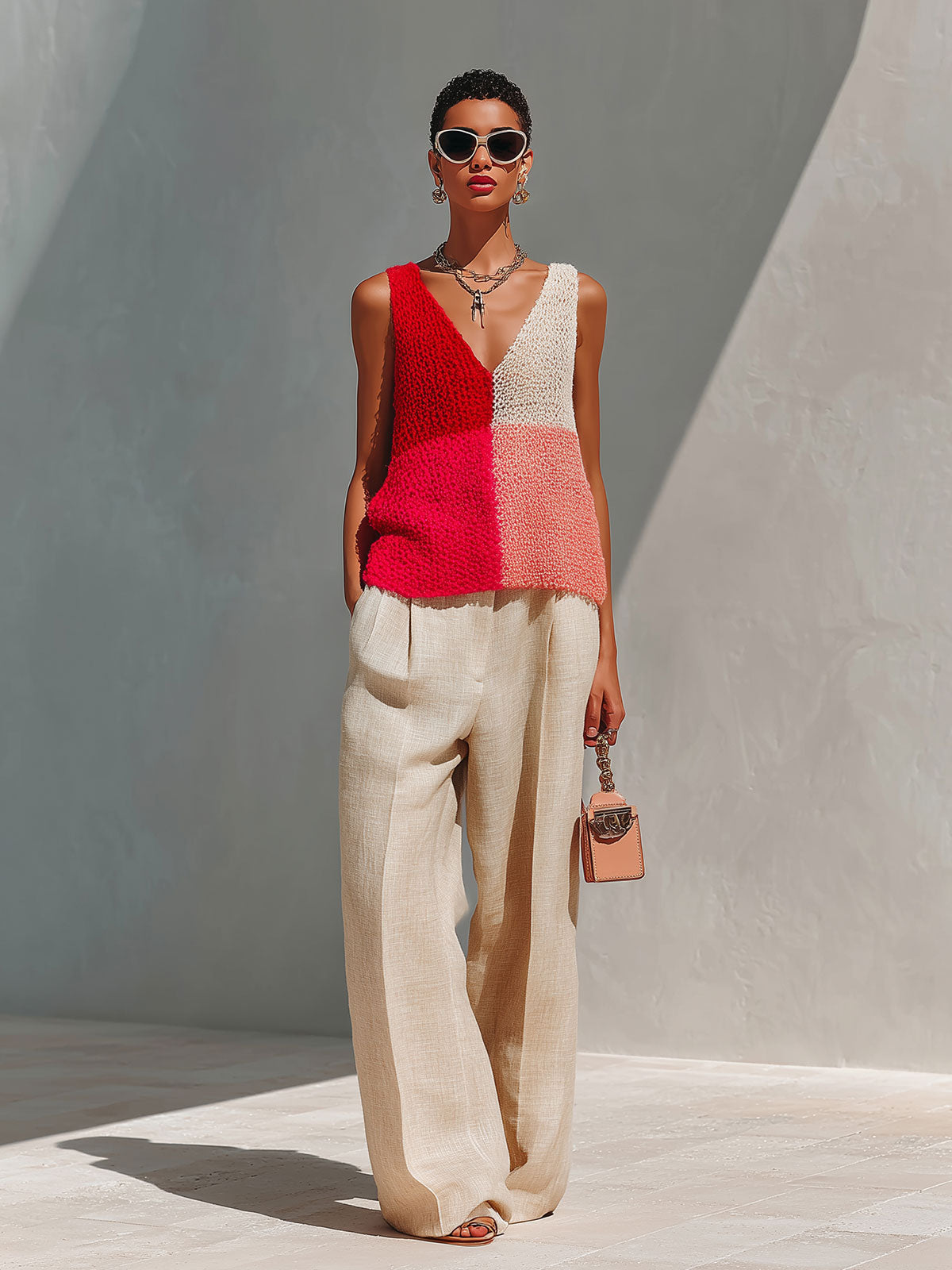 ElevenOra Chic Elegant Red Colorblock V-Neck Sleeveless Knit Tank Top Beige Linen Blend Wide-Let Pants Two-Piece Set