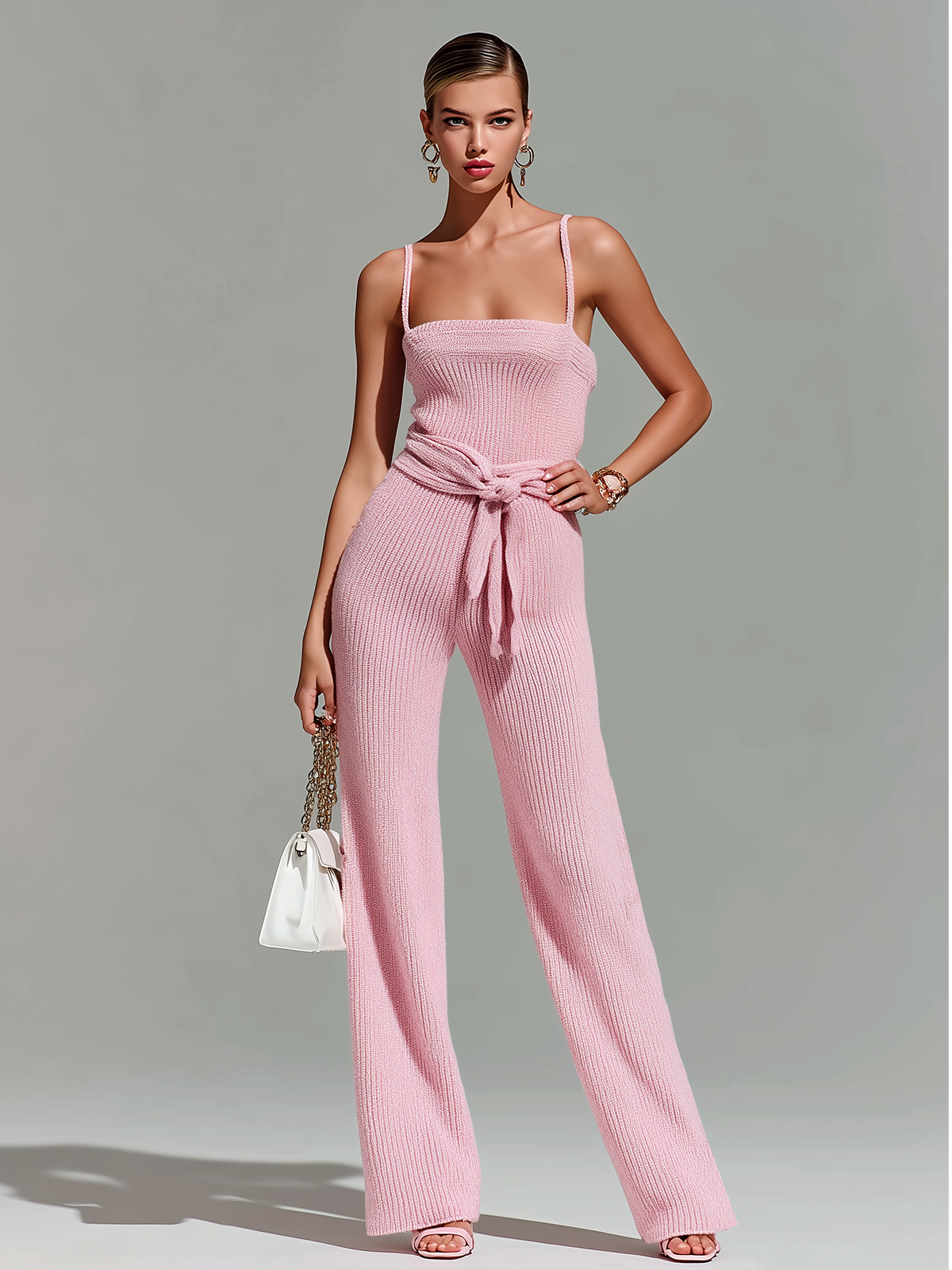 ElevenOra Stylish Elegant Pink Sleeveless Slim-Fit Waist-Defining Wide-Leg Ribbed Knit Jumpsuit