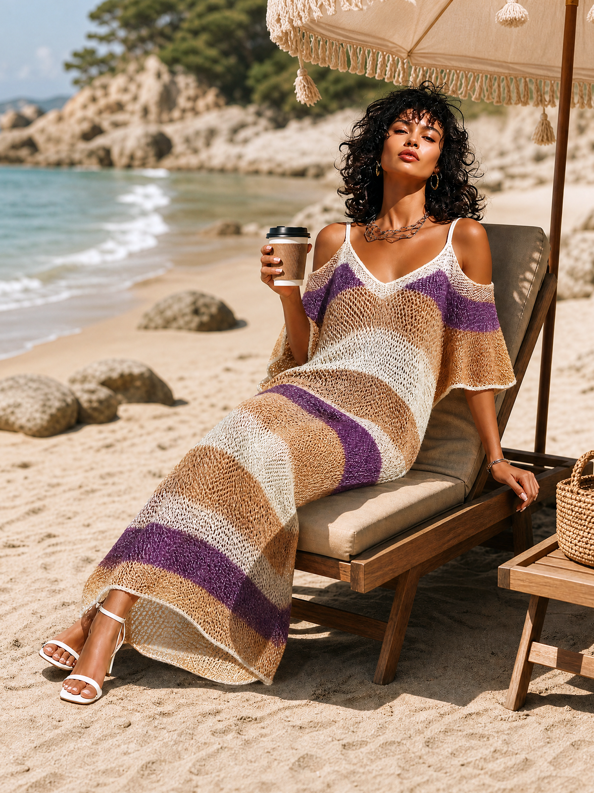 ElevenOra Chic Casual Colorful Striped Off-Shoulder V-Neck Short-Sleeve Loose Side Slit Ribbed Knit Maxi Dress
