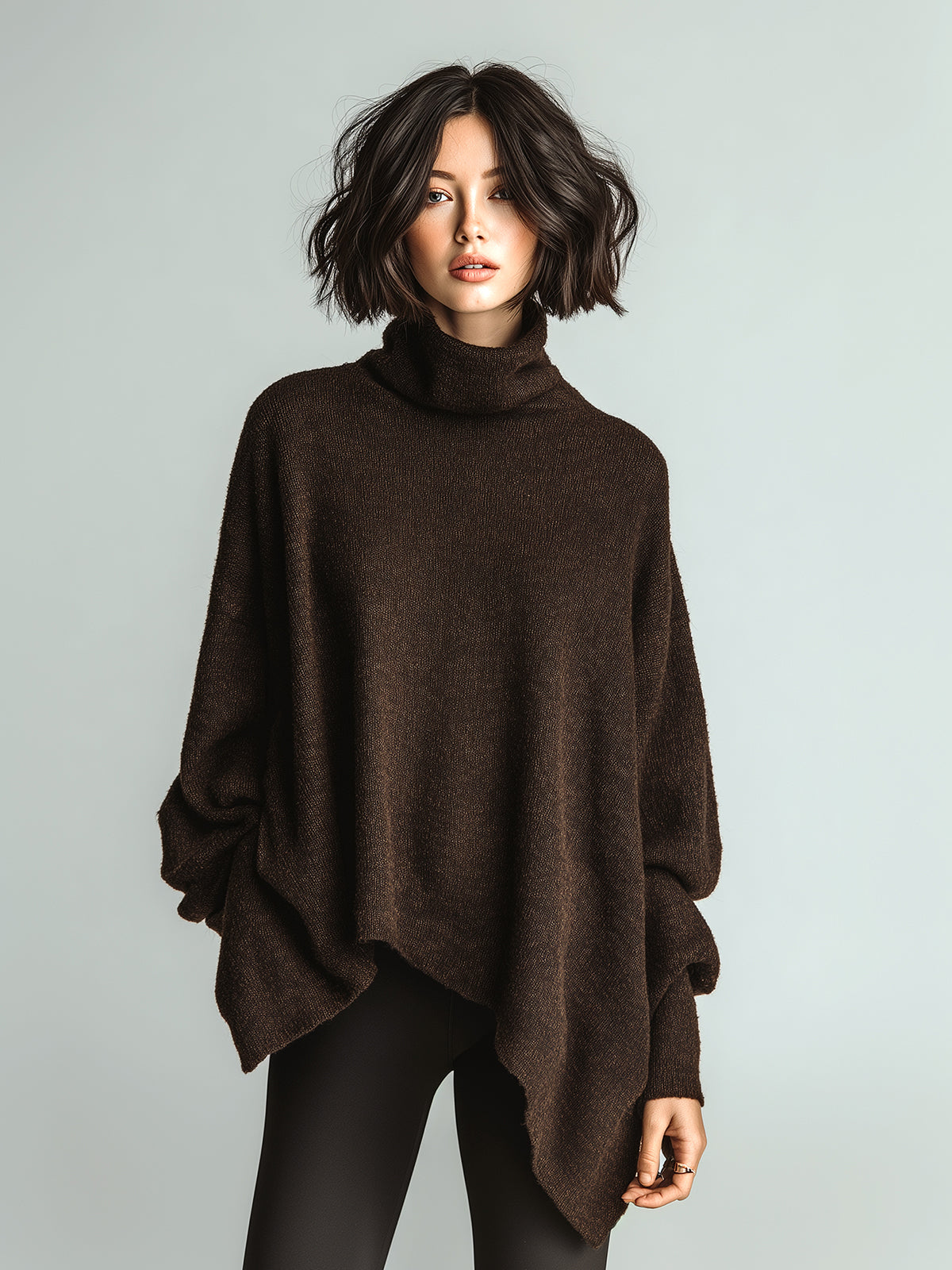 ElevenOra Chic Casual Dark Brown Turtleneck Loose Irregular Hem Long Sleeve Knit Sweater Top