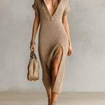 ElevenOra Chic Elegant Camel Lapel Deep V-Neck Short-Sleeve Loose Fit Slit Detail Knit Midi Dress
