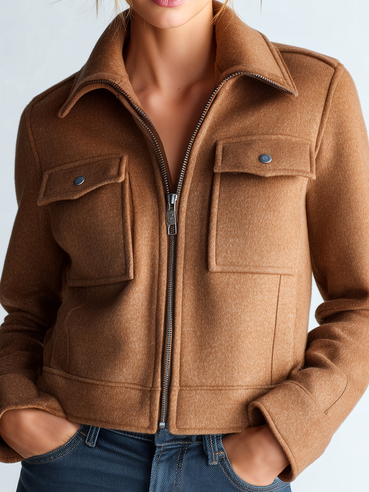 ElevenOra Casual Camel Wool Blend Lapel Zip-Up Double Pocket Short Sophisticated Jacket