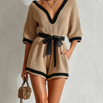 ElevenOra Chic Elegant Camel V-Neck Short-Sleeve Black Trim Detail Belted Waist Ribbed Knit Romper